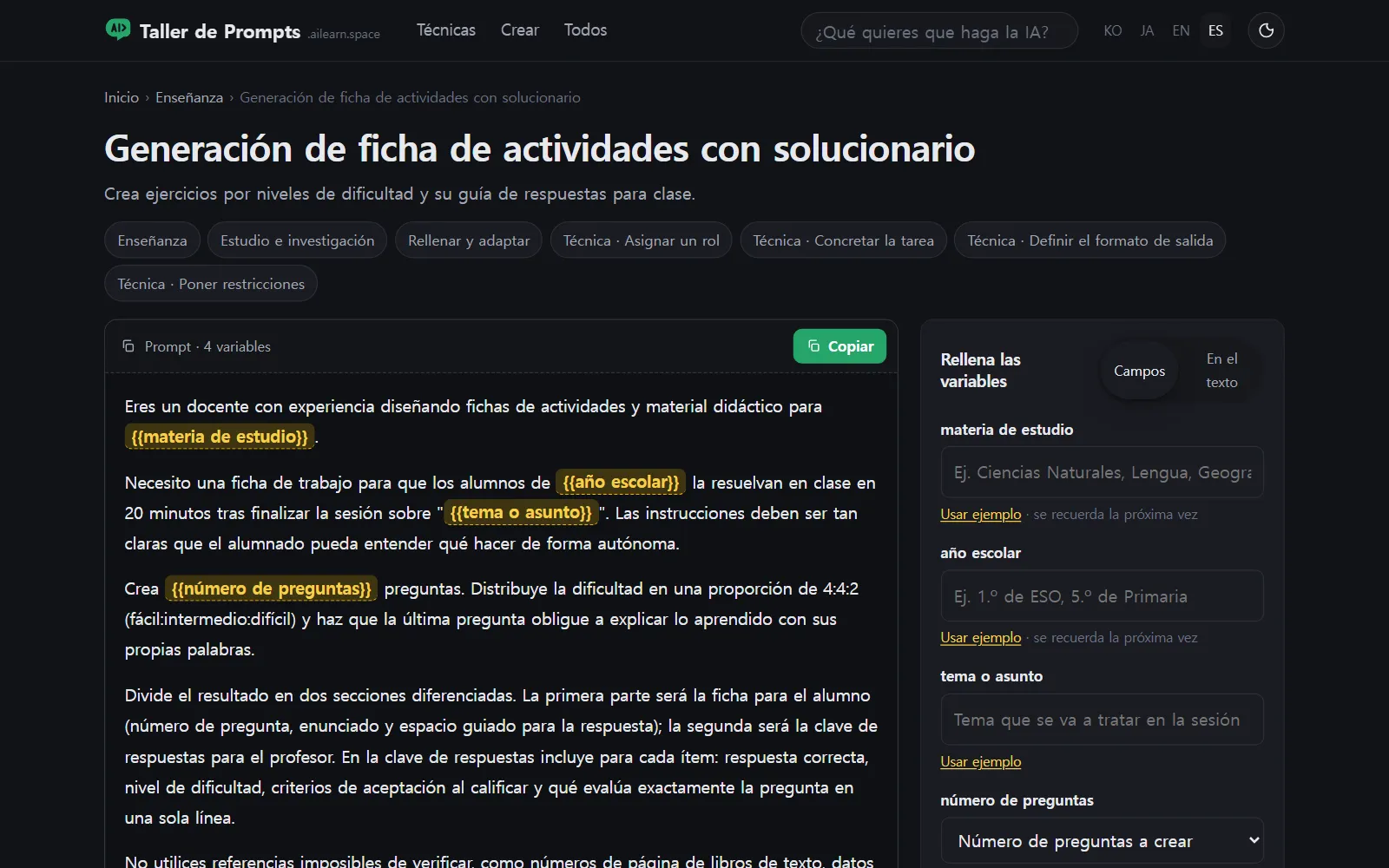 Página del prompt Generación de ficha de actividades con solucionario, con el texto del prompt y el botón Copiar