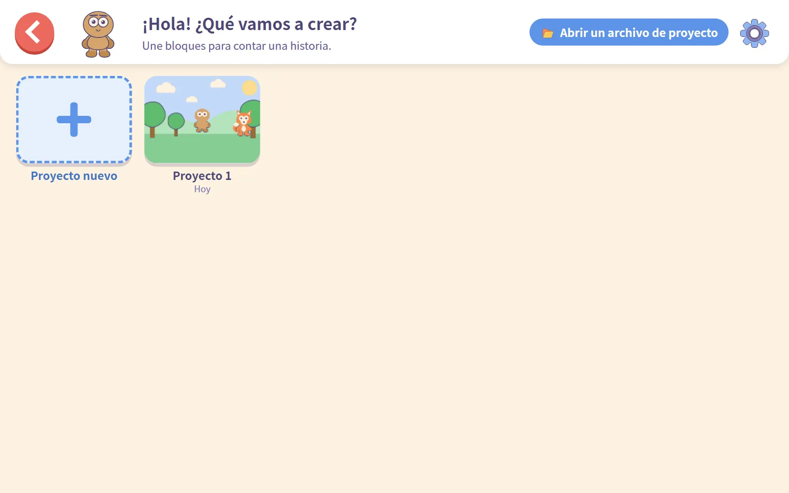 La pantalla de proyectos con el mensaje "¡Hola! ¿Qué vamos a crear?" y el proyecto nuevo guardado junto a la casilla Proyecto nuevo