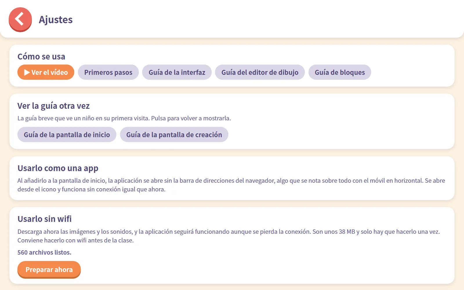 Ajustes: Cómo se usa, Ver la guía otra vez, Usarlo como una app y Usarlo sin wifi