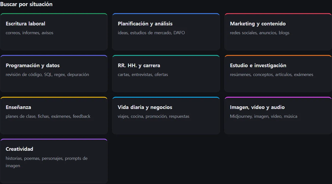 Sección Buscar por situación: tarjetas para escritura laboral, planificación, marketing, programación, RR. HH., estudio, enseñanza, vida cotidiana, imágenes y escritura creativa