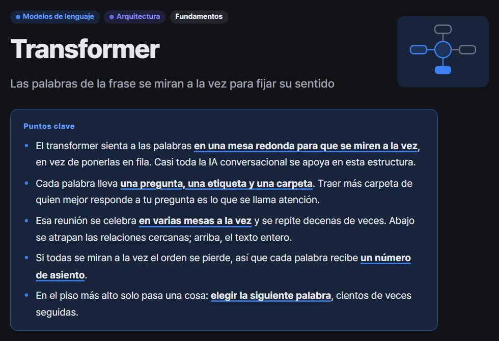 La parte superior de la página del término Transformer: su definición en una línea y puntos clave
