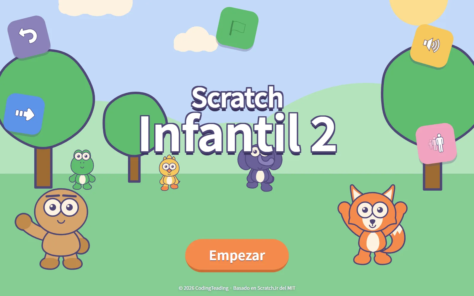 Pantalla de inicio de Scratch Infantil 2 con los personajes en un prado y el botón Empezar