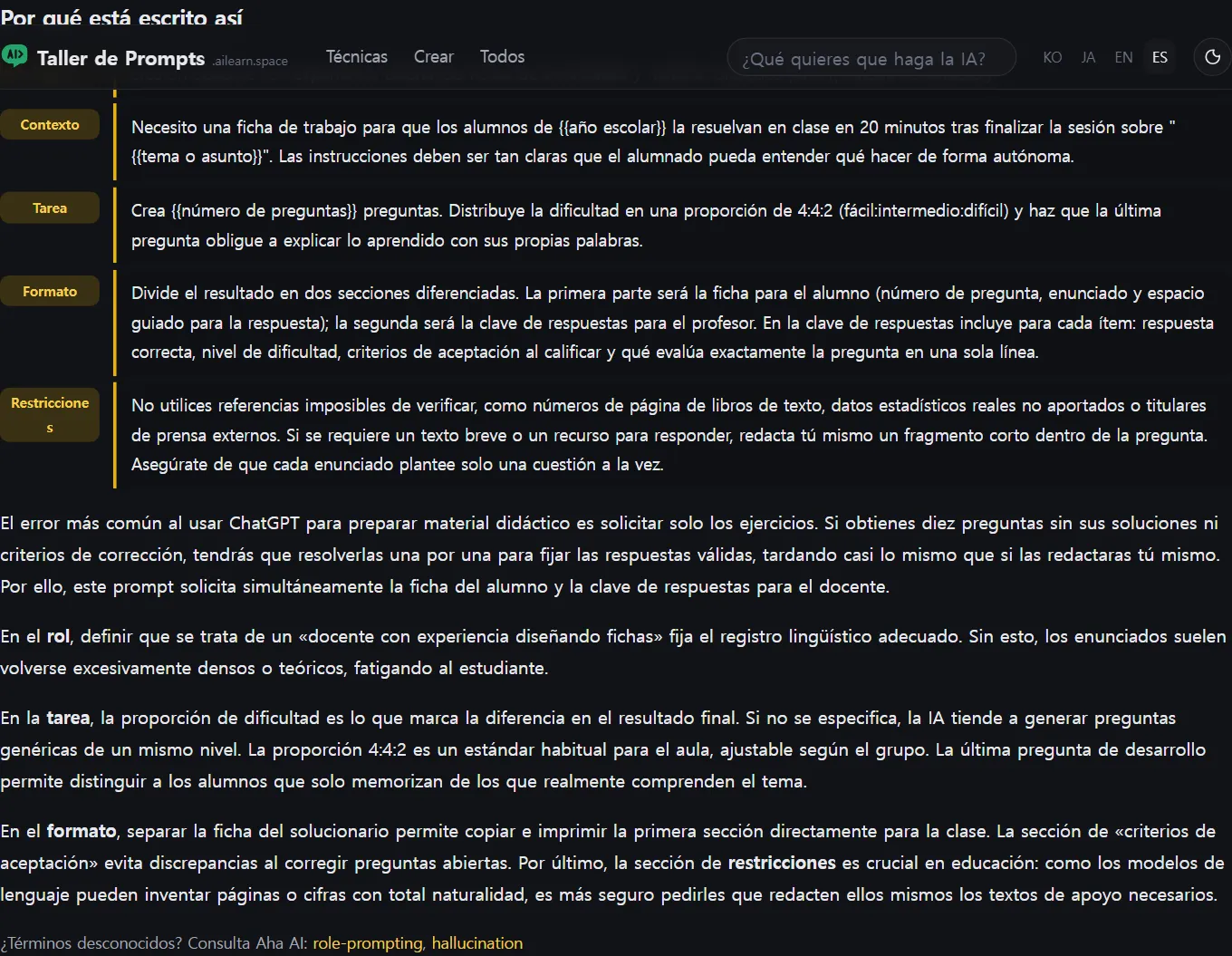 Sección Por qué está escrito así, con las etiquetas Rol, Contexto, Tarea, Formato y Restricciones en la columna izquierda
