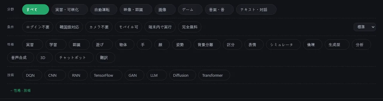AI Teadingのフィルター：「分野」「条件」、そして「性格」と「技術」の行