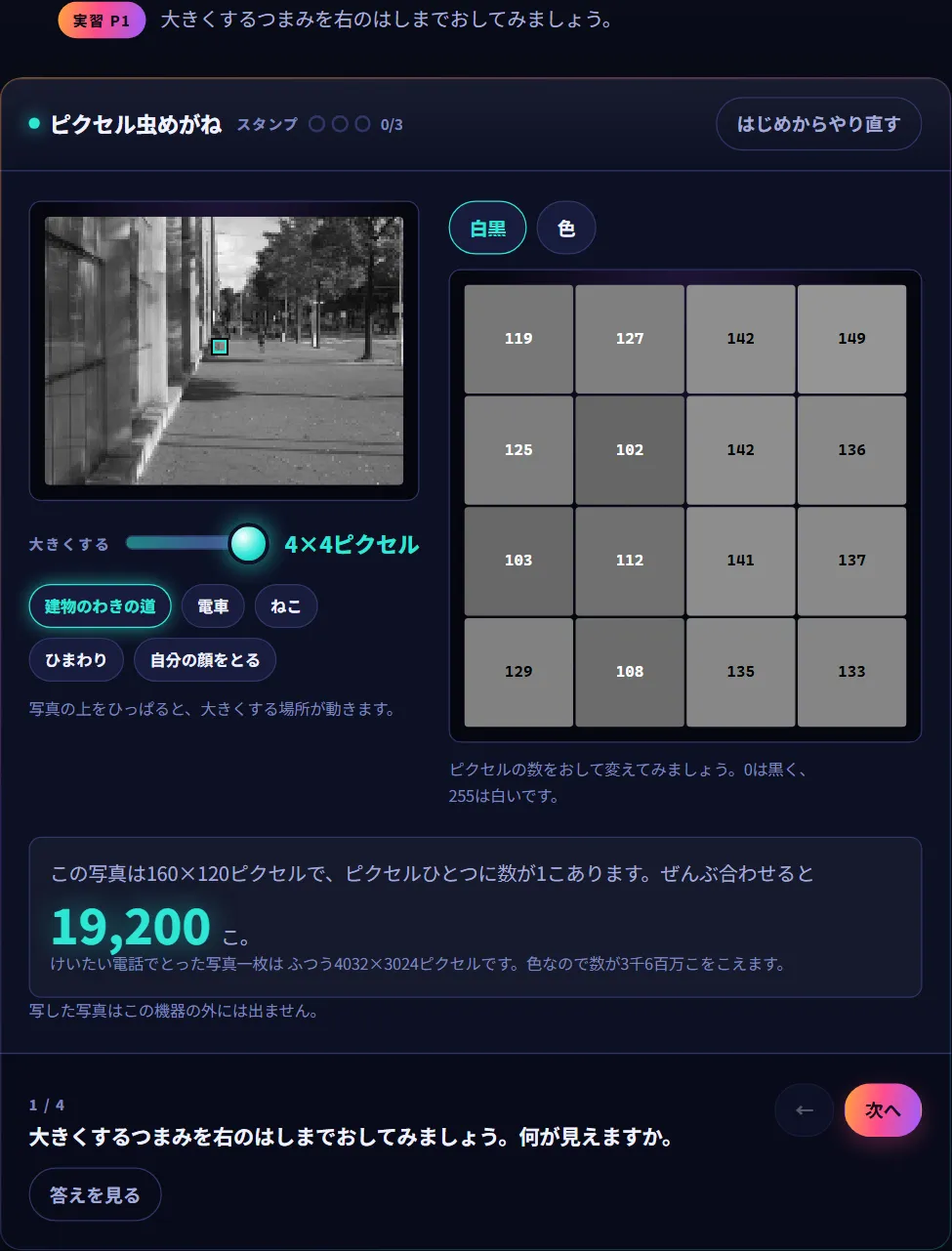 ズームスライダーを右いっぱいに動かした「ピクセル虫めがね」実験室。通りの写真と、明るさの数字が入ったマス目のグリッドが表示されている