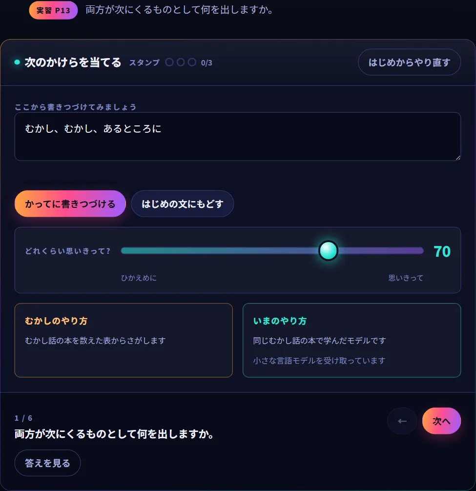 「次のかけらを当てる」実験室。「むかしむかしあるところに」に続き、童話から数えた従来の手法の単語数が片側に、現代のモデルの確率（パーセント）がもう片側に表示され、「どれくらい思いきって？」スライダーが並んでいる