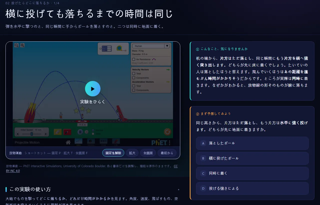 レッスンの最初：左側でシミュレーションが待機し、右側に4つの選択肢がある「② まず予想してみよう」