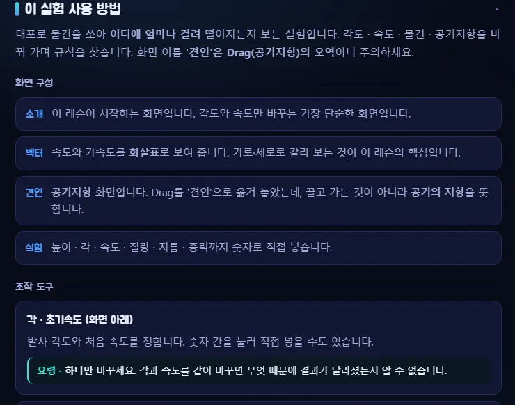 이 실험 사용 방법: 각 화면을 설명하는 화면 구성과, 요령 한 줄이 붙은 조작 도구 첫 카드