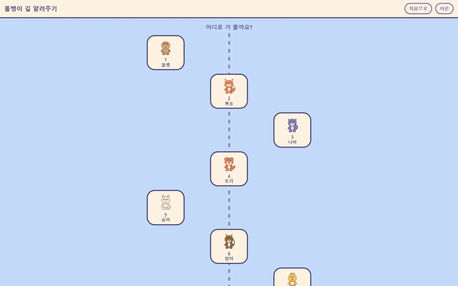 지도 화면: 돌길 위에 친구 얼굴과 이름이 있고, 위에는 '어디로 가 볼까요?' 글씨