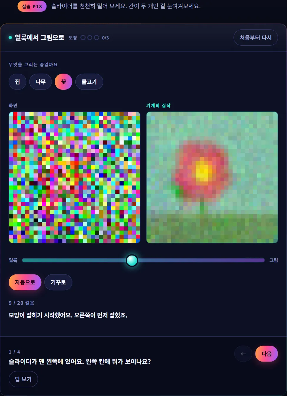 슬라이더가 중간에 놓여 캔버스는 여전히 색깔 얼룩으로 가득하지만 "기계가 보기에 있는 것"에는 이미 꽃 모양이 나타나 있는 얼룩에서 그림으로 실습