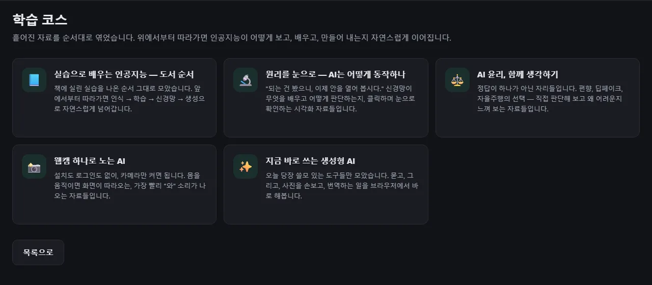 도서 순서부터 생성형 AI까지 코스가 나열된 학습 코스 페이지
