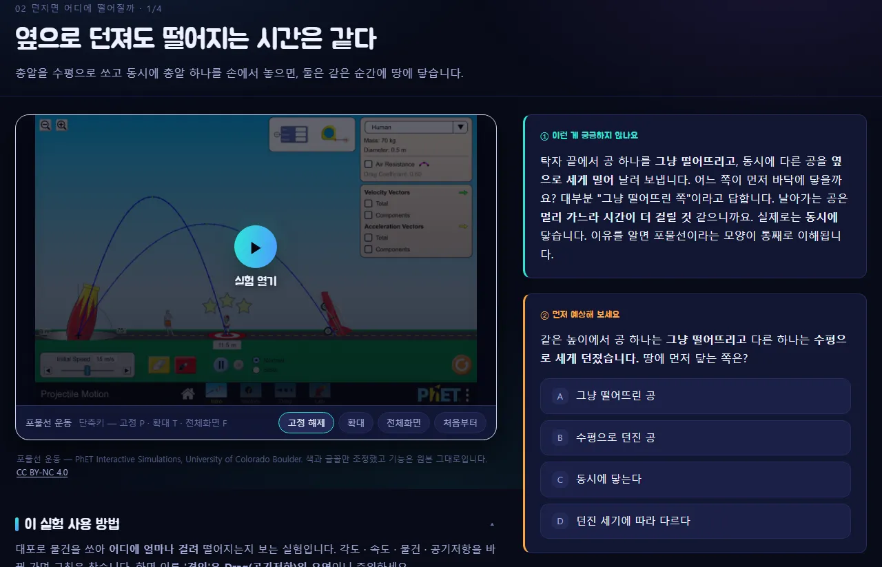 레슨 시작 화면: 왼쪽에 대기 중인 시뮬레이션과 오른쪽에 네 가지 보기가 있는 ② 먼저 예상해 보세요